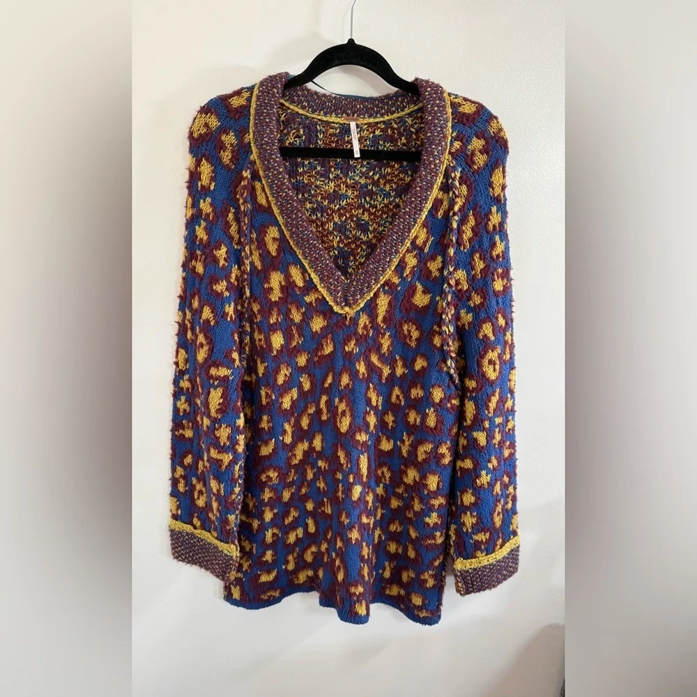 Free People Little Animal Knit V-Neck Sweater in Blue Fig - Picture 2 of 7